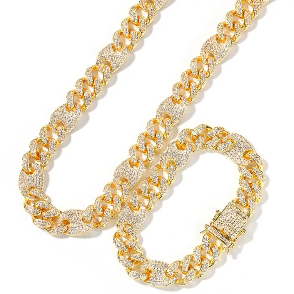 

Hip Hop Men 13mm Gold Two Tone Color Iced Out Diamond Bling Coffee Bean Cuban Link Chain and Bracelet, Silver/gold/multi