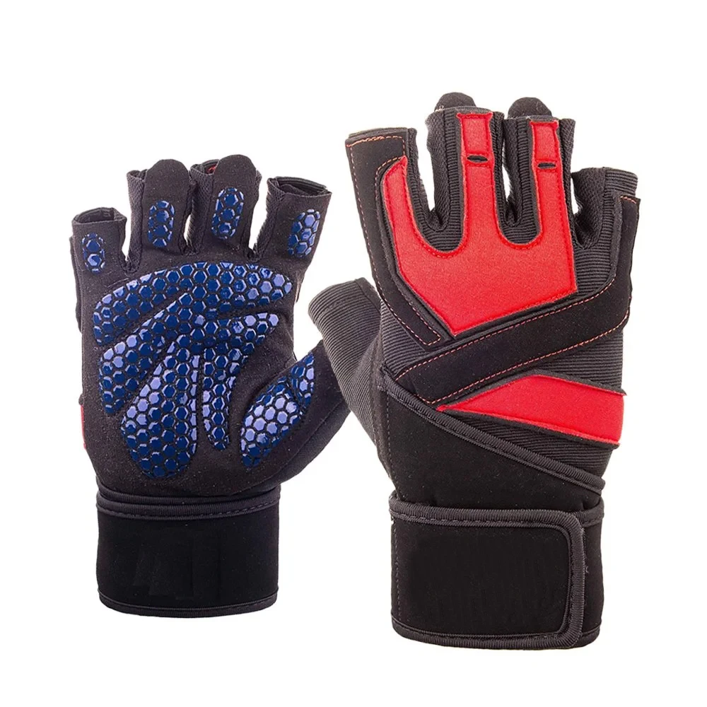 
Half Finger Gloves Padded Silicon Printed Palm Spandex Back for Weightlifting Fishing in Red Black for Men Women 