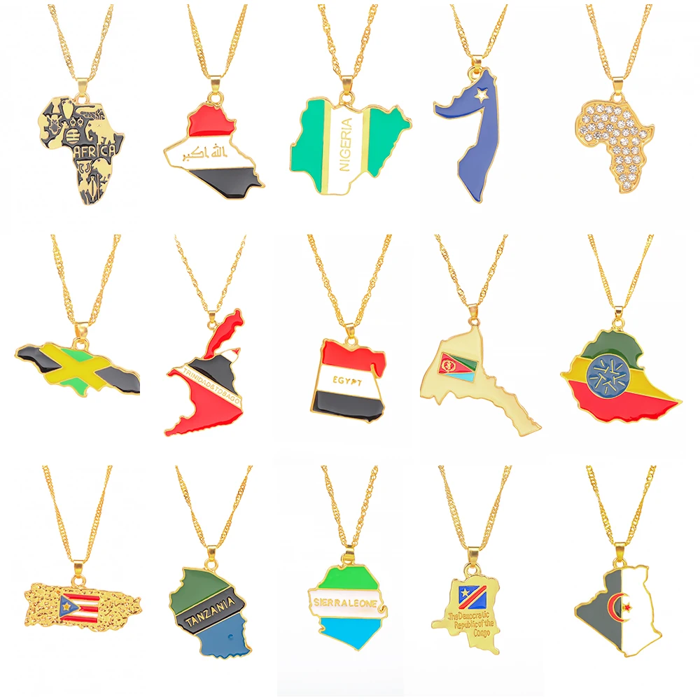 

Wholesale 18K Gold Plated Stainless Steel Chain African Ethiopia Map Pendant Necklace Colorful World Countries Map Necklaces