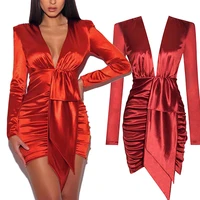 

DressFor Women 2019 V-Neck Long Sleeve Dress Solid Color Red Back Zipper Bodycon Party Women Mini Dress