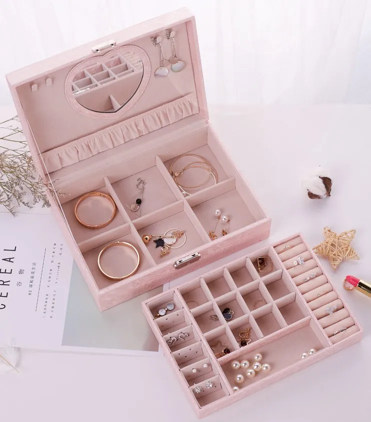

2 Layer Velvet Jewelry Box with lid Jewelry Organizer with Lock for Necklace Earrings Bracelets Rings