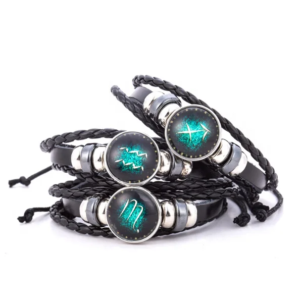 

12 Zodiac Sings Genuine Mens Leather Bracelet Wholesale