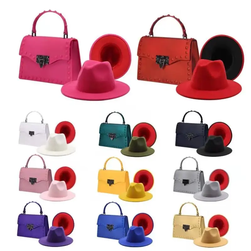 

Hot Sale Jelly Bag and Fedora Hats Set Custom Matching Handbag Set New Arrivals 2022 Handbags for Women, Picture shows