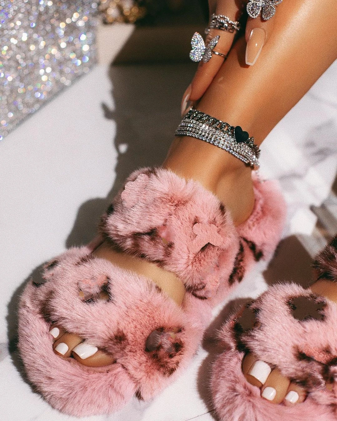 

BUSY GIRL LQ1022 Fur slides women thick bottom slides fur platform chunky fur multicolor slides, Pink/brown/grey