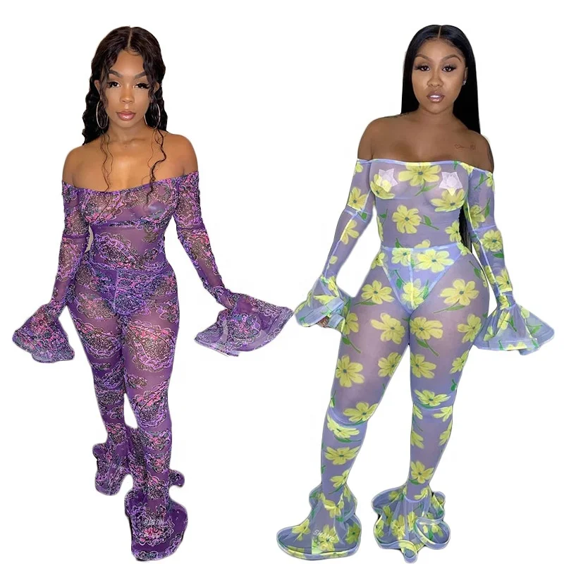 

B61021A Hot style autumn new European and American sexy shoulder print see-through mesh flannelette jumpsuit, Yellow/purple