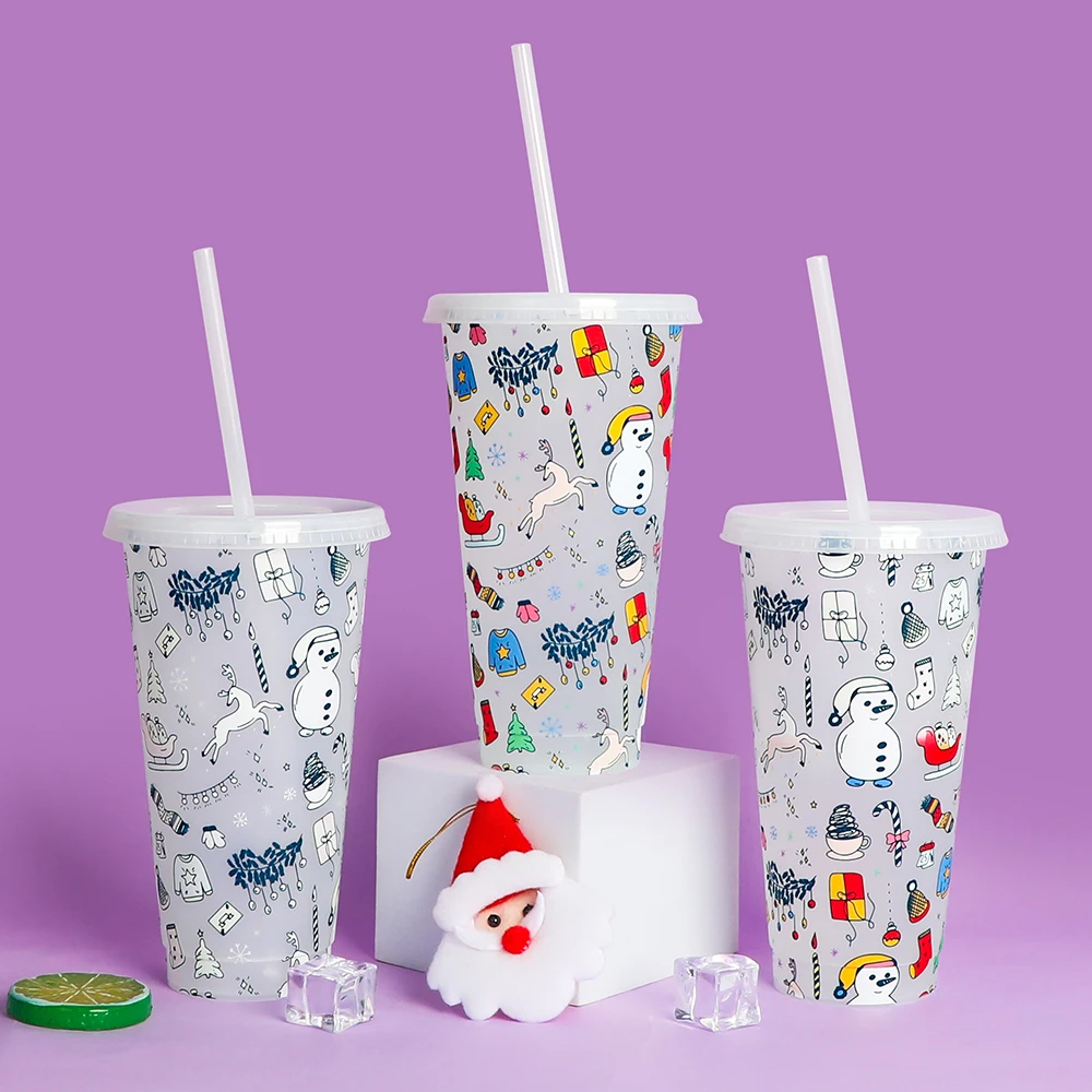 

cup hot sale Christmas santa cup 24oz clear kids plastic cold tumbler reusable color changing cups with lids straws for party