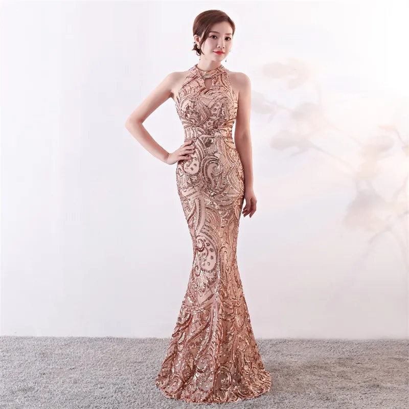 

2020 Arrivals 3colors trendy European women elegant halter neck glitter sequin slim mermaid evening dress