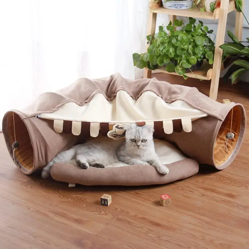 

2-in-1 Removable Mat Hideout for Pets Interactive Collapsible Foldable Cat Play Bed Tunnel Tubes Track Toys Cat Bed Tunnel, Blue, pink, yellow, white