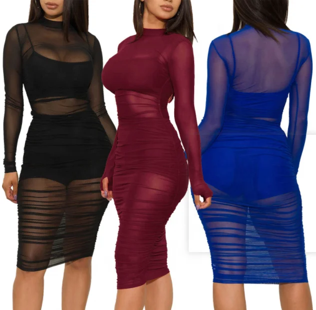 

Wholesale Sexy See-Through Tight Nightclub Dress Ladies Long Sleeve Dress, Shown