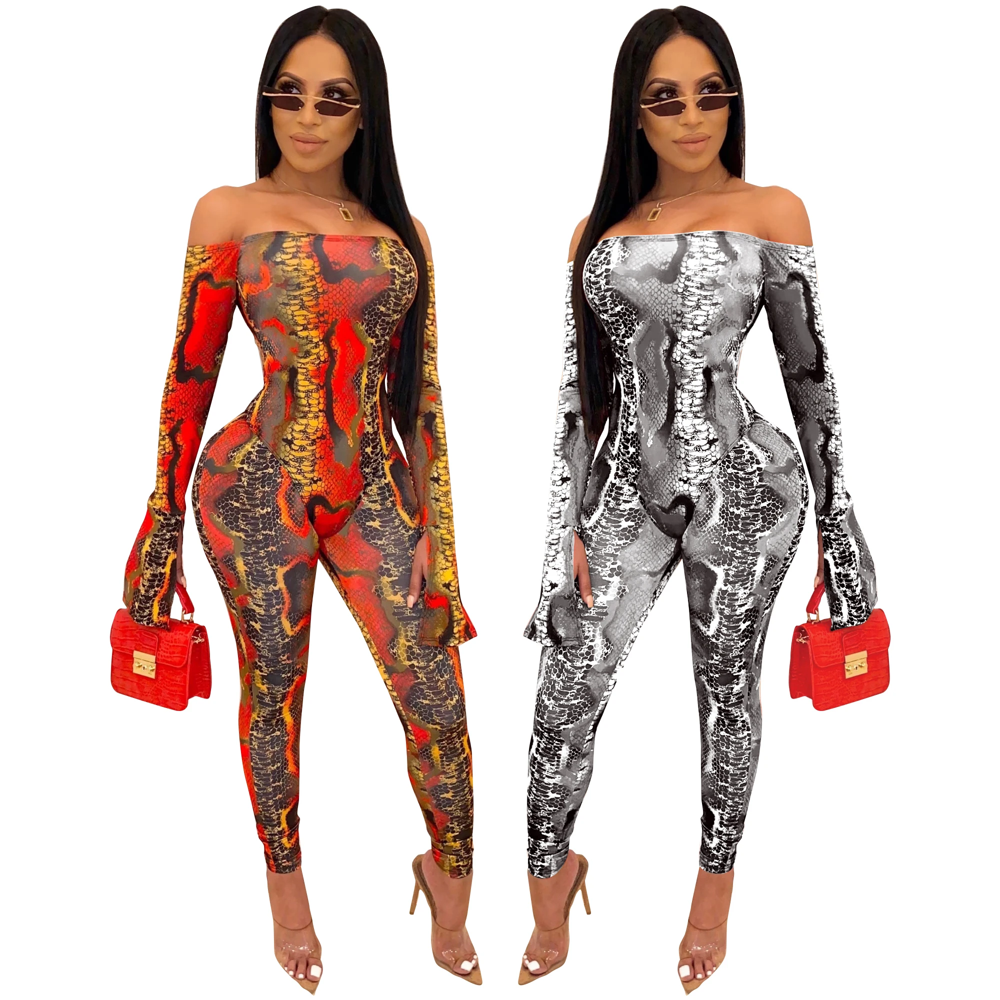 

S6540 women's mesh snakeskin pants and bodysuit two piece set clothing