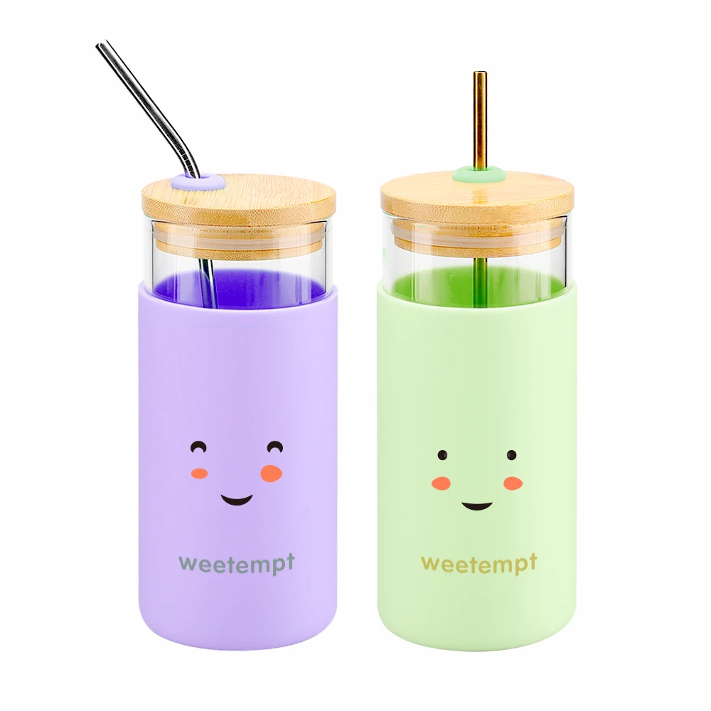 

Custom Logo Reusable 18oz Wide Mouth Glass Tumbler Coffee Tea Cups Silicone Protective Sleeve with Straw Bamboo Lid BPA Free, Customized color