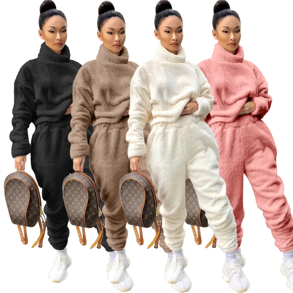 

High Collar Custom Logo Women Clothing Cozy Set Plush Two Piece Pants Set Wool Sweater Winter Clothes for Women, Picture shown