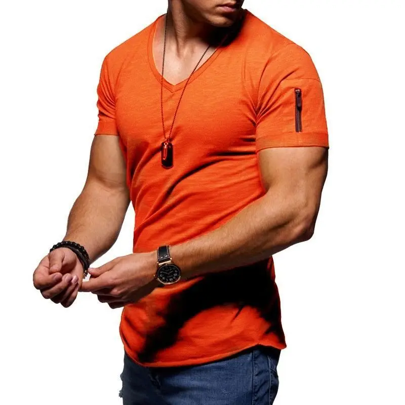 

Men Slub Stretchy bamboo cotton v-neck t-shirts dryfit fan shell curved bottom men t shirts with zipper pocket on arm