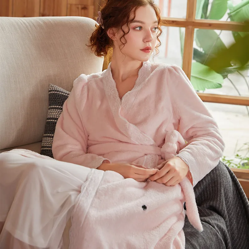 

2020 autumn winter women loose retro nightgown women thick long sleeve flannel robe coat, Light blue,pink