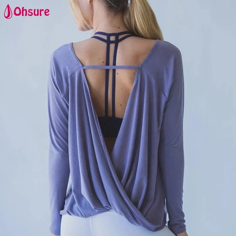 

100% Tencel womens gym shirt running top back open tee yoga long sleeve t shirt