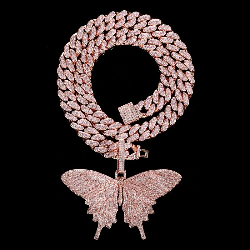 

Personalized Luxury Hip Hop Diamond Cuban Link Chain Tennis Pink Butterfly Pendant Choker Joyeria Jewelry Necklace