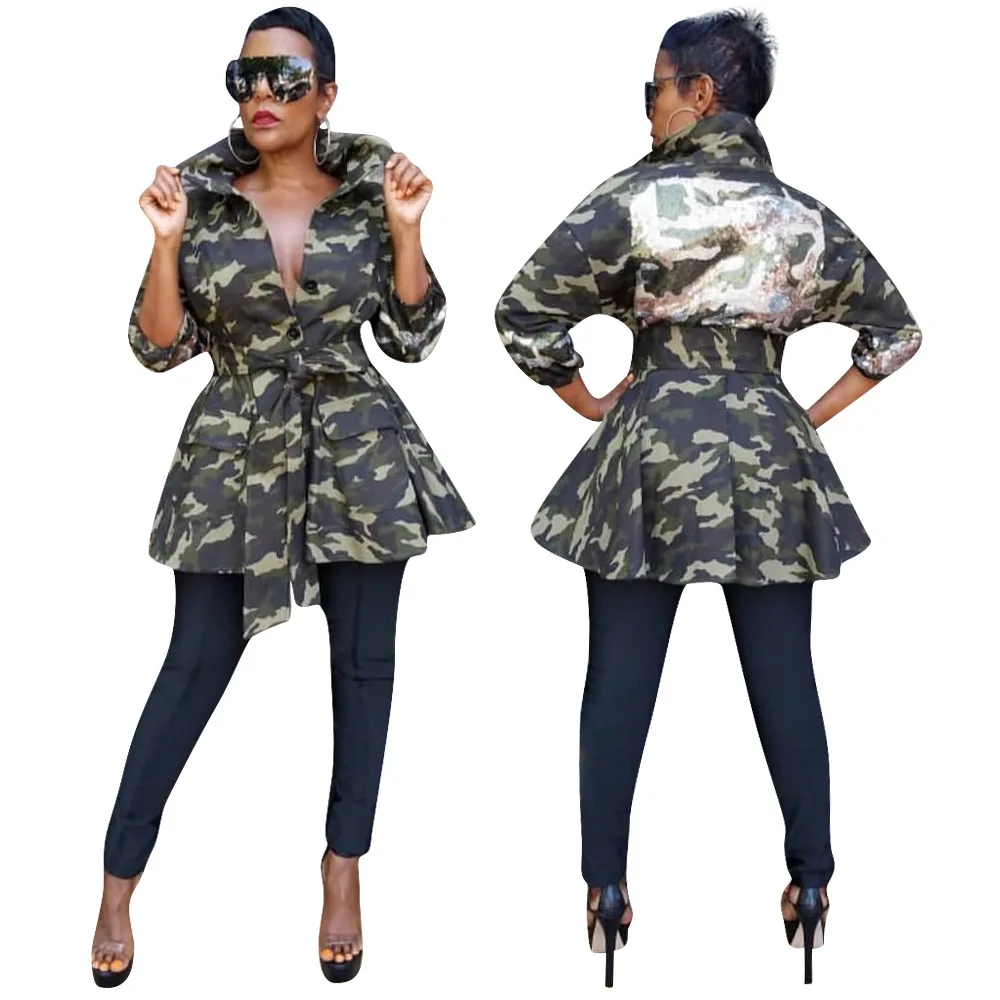 Camo Jacket Women Belted Long Sleeve Patchwork Camouflage Camo Winter Autumn Fall Fashion Sequin Jacket for Ladies RS00157