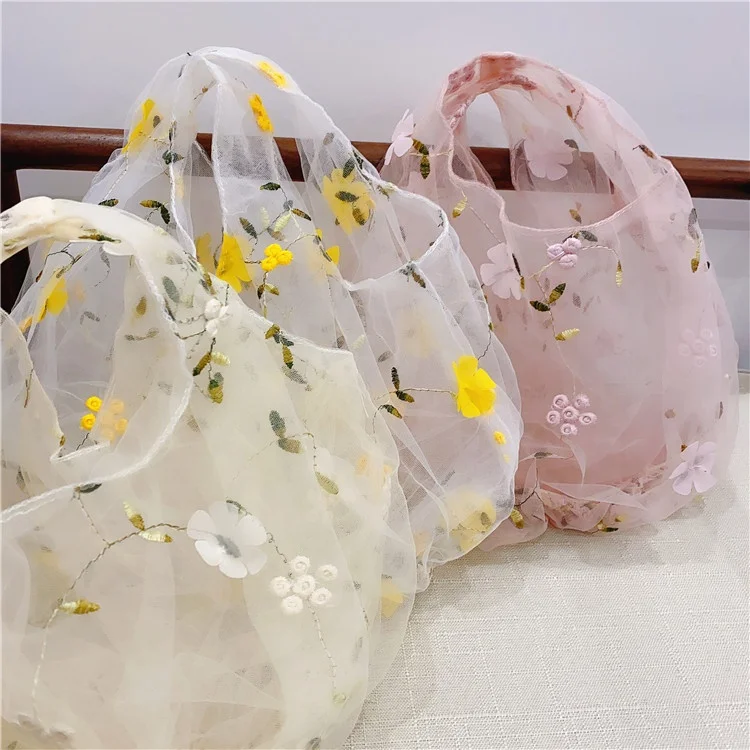 

Popular mini flower embroidered lace handbag tulle mesh floral tote bag for lady, White/pink/beige