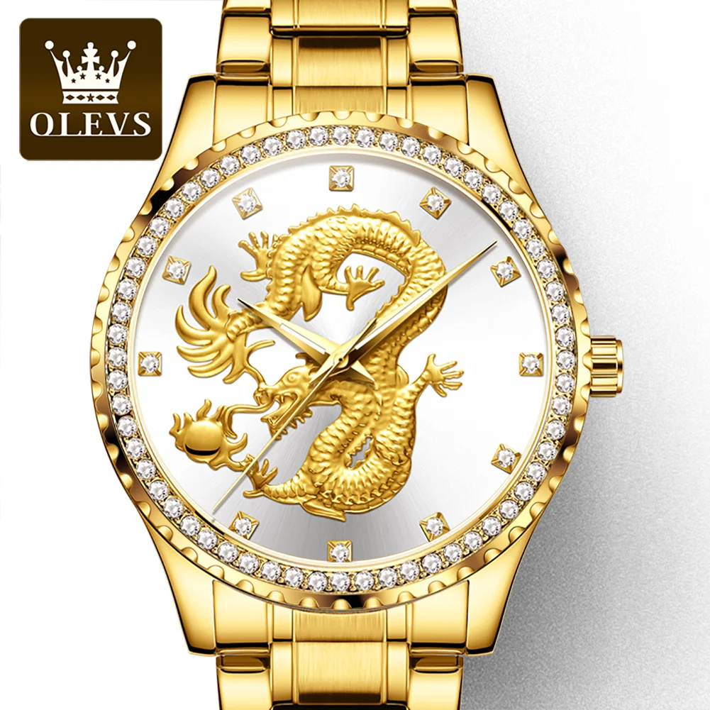 

OLEVS 5515 luxury men watch golden dragon watch stainless steel back cover quartz diamond watches
