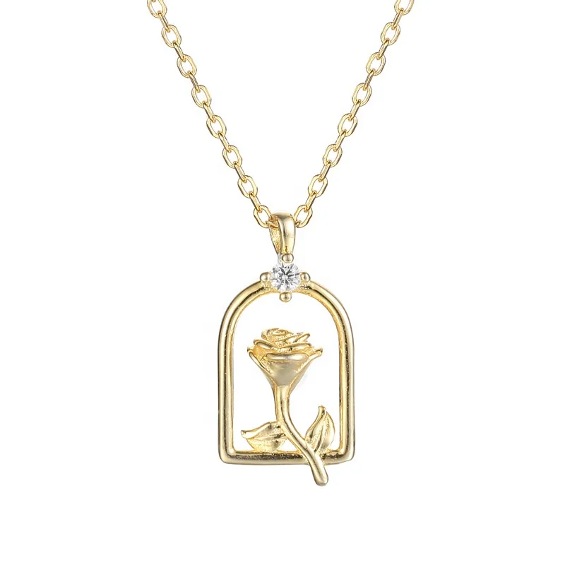 

Ins Vintage Customized Necklace CZ Rose Flower Pendant Necklace 925 Sterling Silver Necklace For Women Girls Statement Jewelry