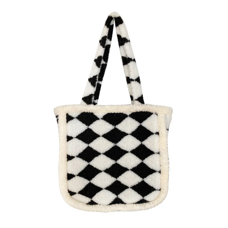 

Premium Ling check lamb cashmere Tote Bag 2021 new portable women's chessboard check Bento bag cheap woman handbag, Customizable