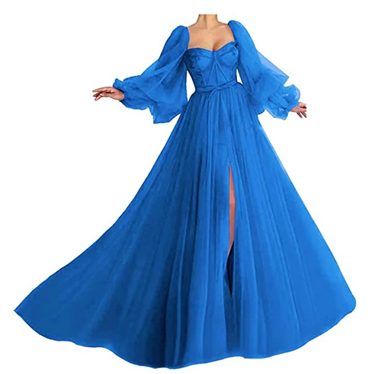 

Puffy Sleeve Prom Dress Long Sweetheart Tulle Ball Gown Princess Evening Gowns with Split