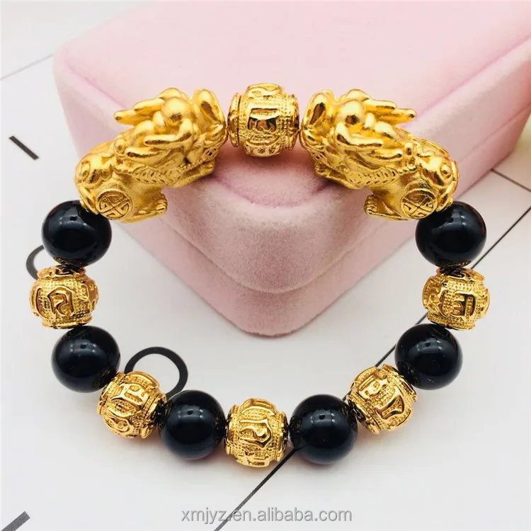 

Vietnam Placer Gold Jewelry Brass Gold-Plated Accessories Black Agate Double Pixiu Bracelet Men's Domineering