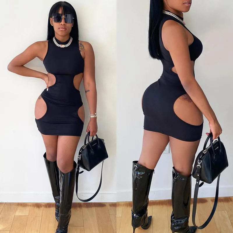 

Hot Sale Women's Nightclub Style 2021 Round Neck Sleeveless Sexy Hollow Out Wrap Dress