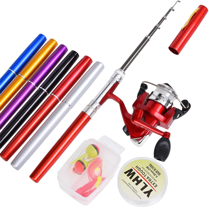 

1 meter pen fishing rod Aluminum Alloy Reel + Lures Baits + Jig Hooks set with fiberglass fishing rod in pen case metal rod pen