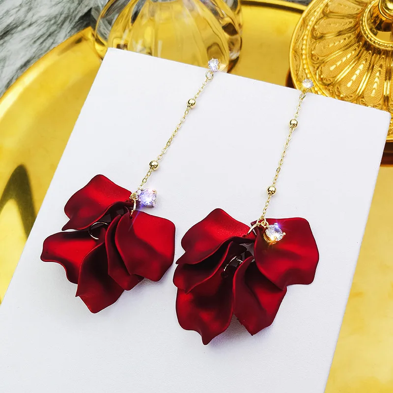 

Korean Women Fashion 925 Silver Needle Red Rose Flower Petal Long Drop Earrings