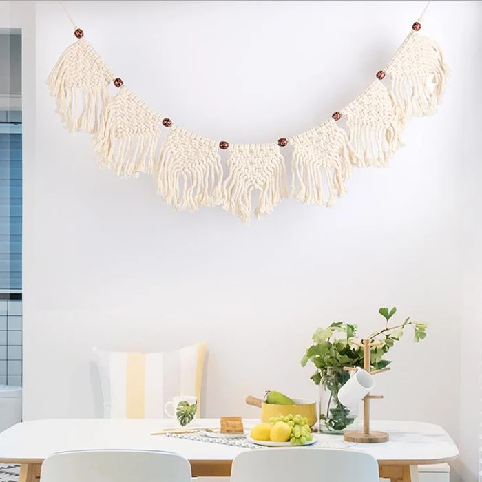 

Boho Chic Bohemian macrame cord woven wood wall Hanging Fringe Garland Banner sign Art Decor, Creamy white