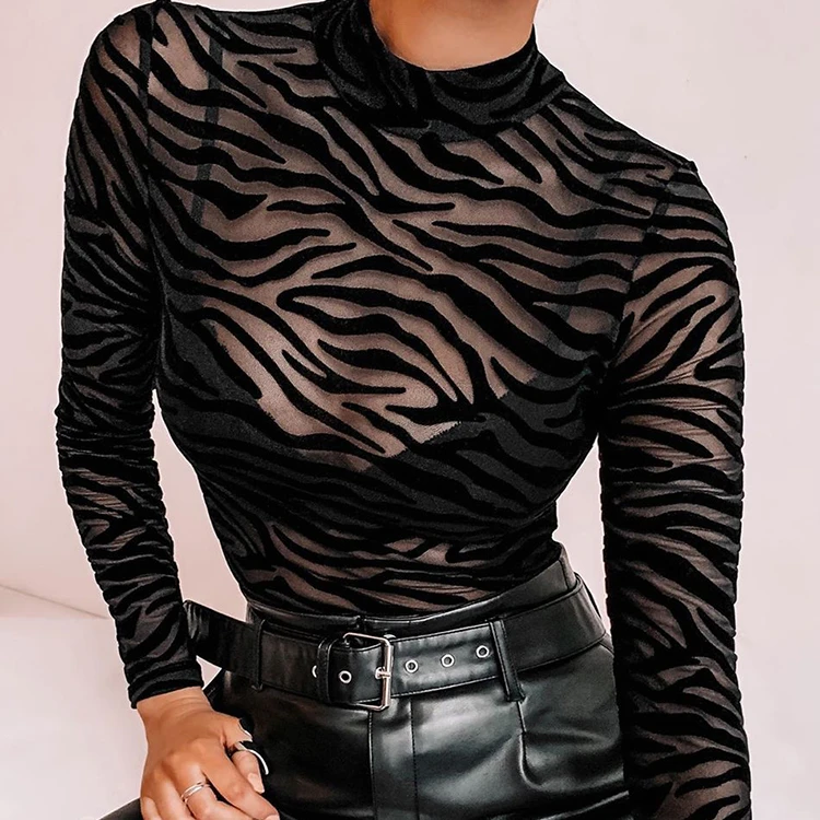 

2021 tiger pattern print women o-neck long sleeve sexy blouse lady fancy tops see-through tight shirts dress vendor sexy dress, Black
