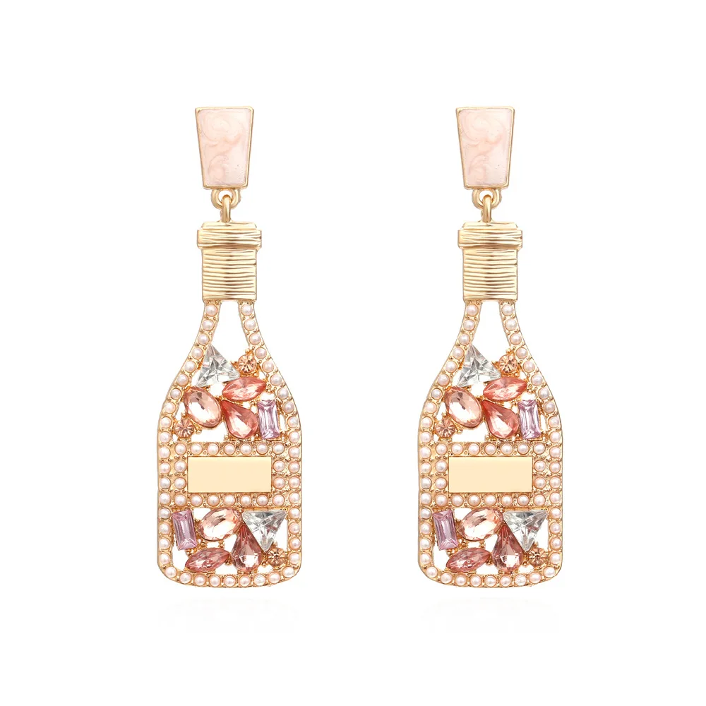 

Creative Hollow Wine Bottle Earrings Fashion Rhinestone Zircon Pearl Oil Drop Geometric Wine Bottle Earrings Women