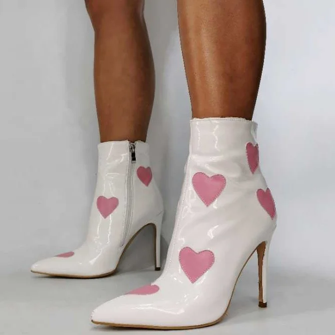 

Heart-shaped Pattern Side Zipper Women Ankle Boots Thin High Heels Women's Shoes Pointed Toe Ladies Short Booties Big Size 43, White