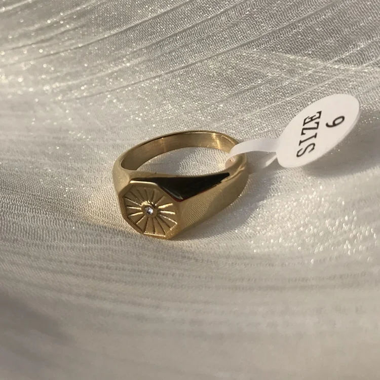 

Trendy Minimalist Stainless Steel 18K Gold Plated Octagon Sunlight Ring CZ Diamond Women Signet Rings Jewelry, Gold, rose gold, steel, black etc.