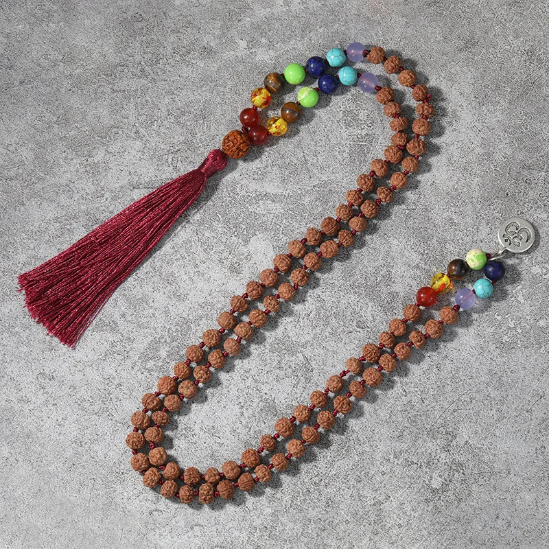 

Religious Knotted Natural Rudraksha Wood Bead Tassel Meditation Chakra Gemstone Japamala Long 108 Mala Rosary Necklace for Men