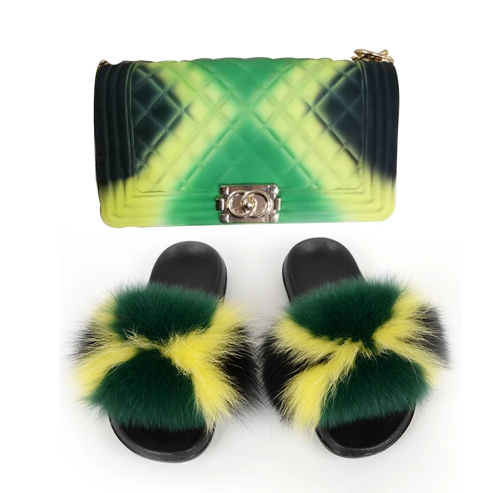 

USA hot sale new design women purse graffiti bag matched with same color fur slides slippers