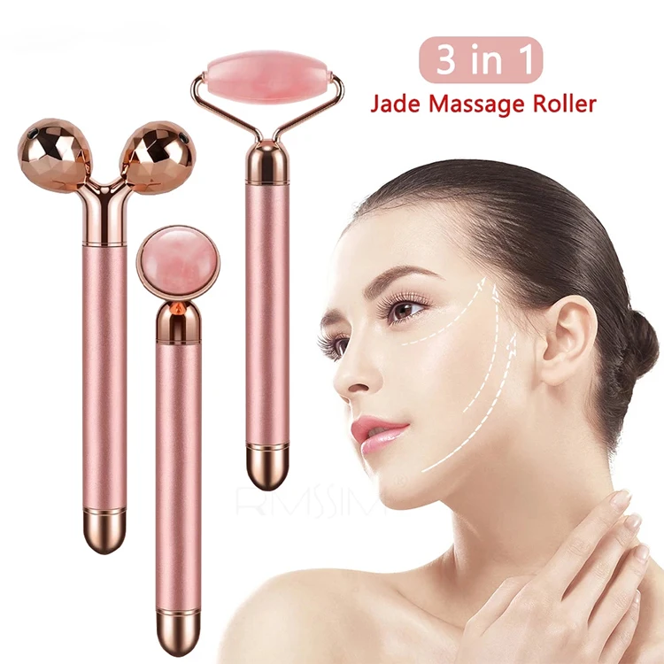 

Wholesale face massage roller kit vibrating beauty bar 3 in 1 jade roller facial rose quartz natural pink electric jade roller