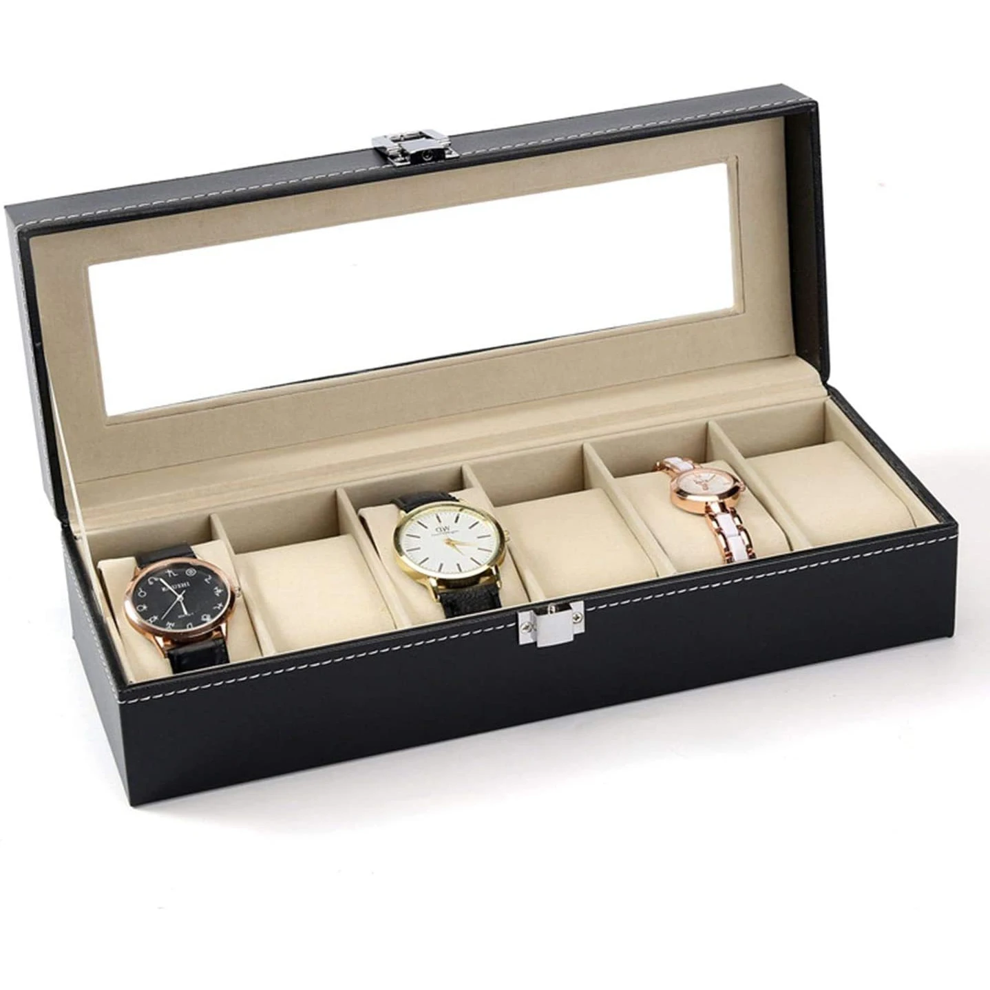 

6 Slot PU Leather Watch Box Luxury Display Case Watch Organizer with Window Top