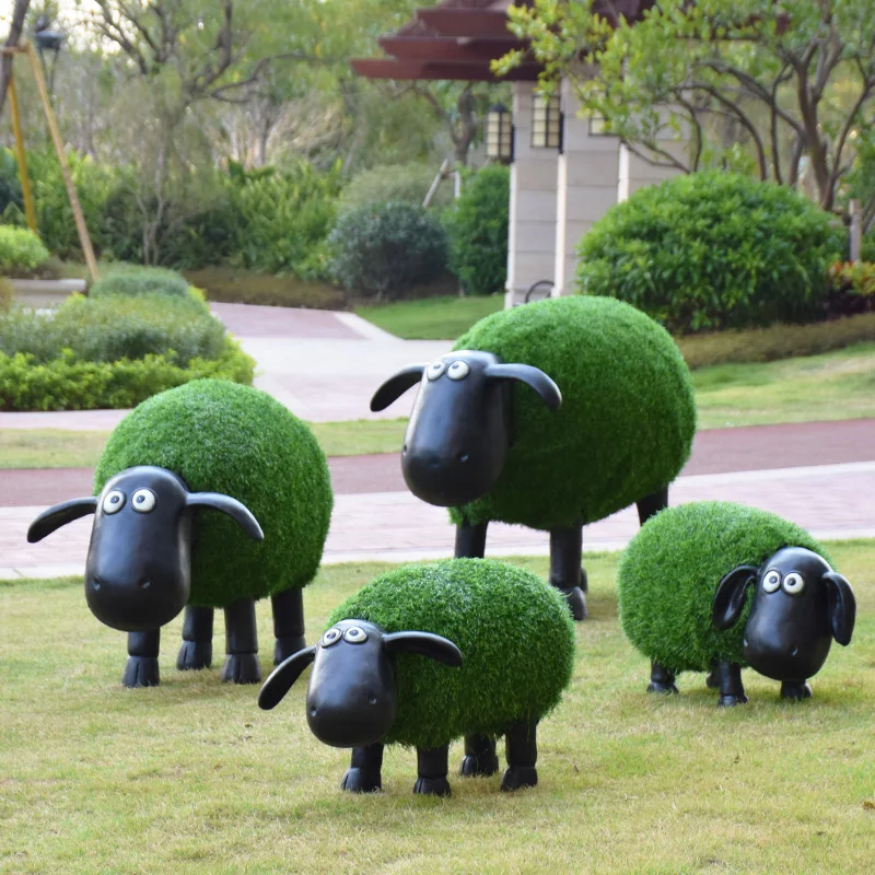 

Outdoor Decorative Turf Sheep Resin Fiberglass Environmental Protection Paint Cartoon Garden Ornaments Life Size Sheep Statues, Green
