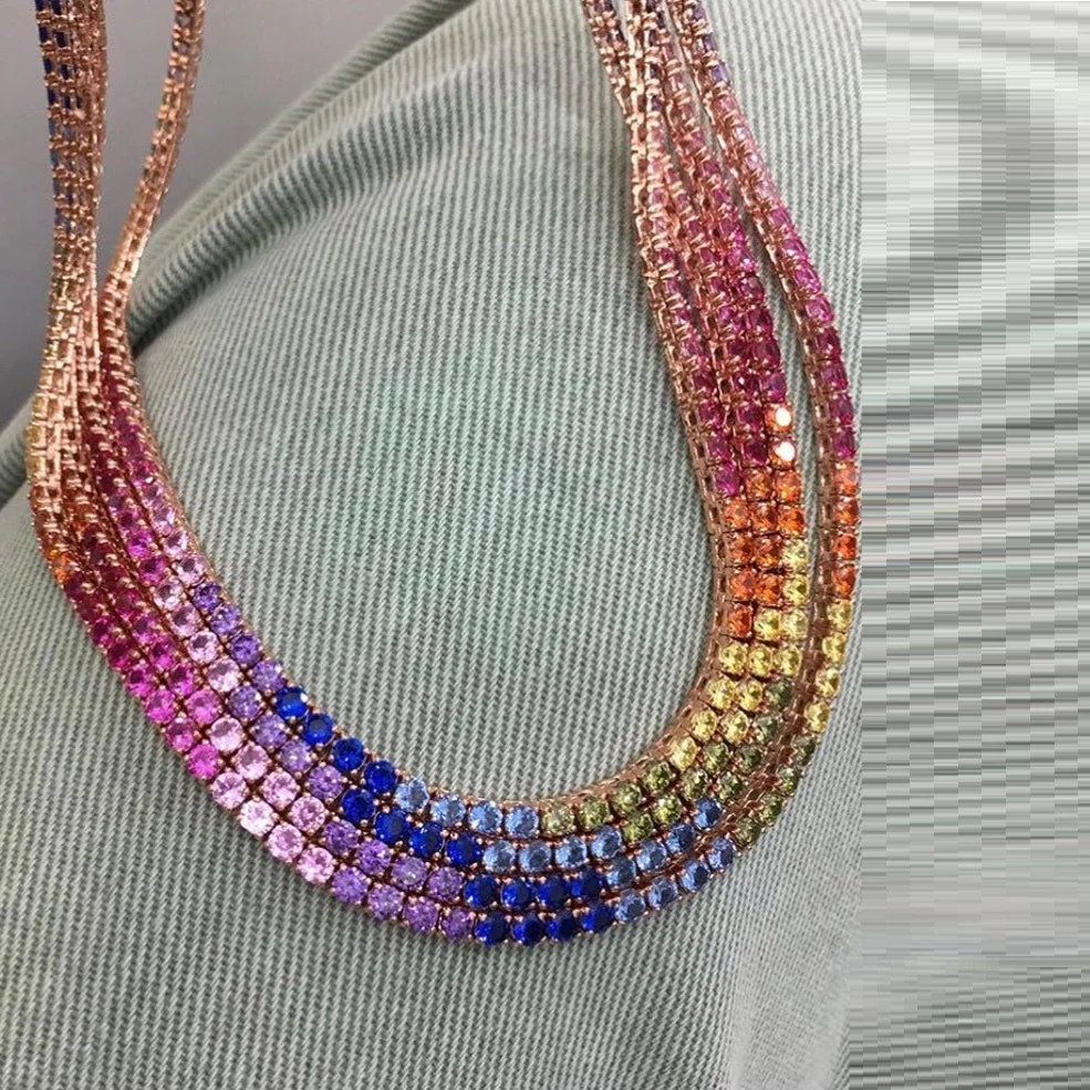 

rose gold plated 4mm cz rainbow tennis necklace for women, Customized