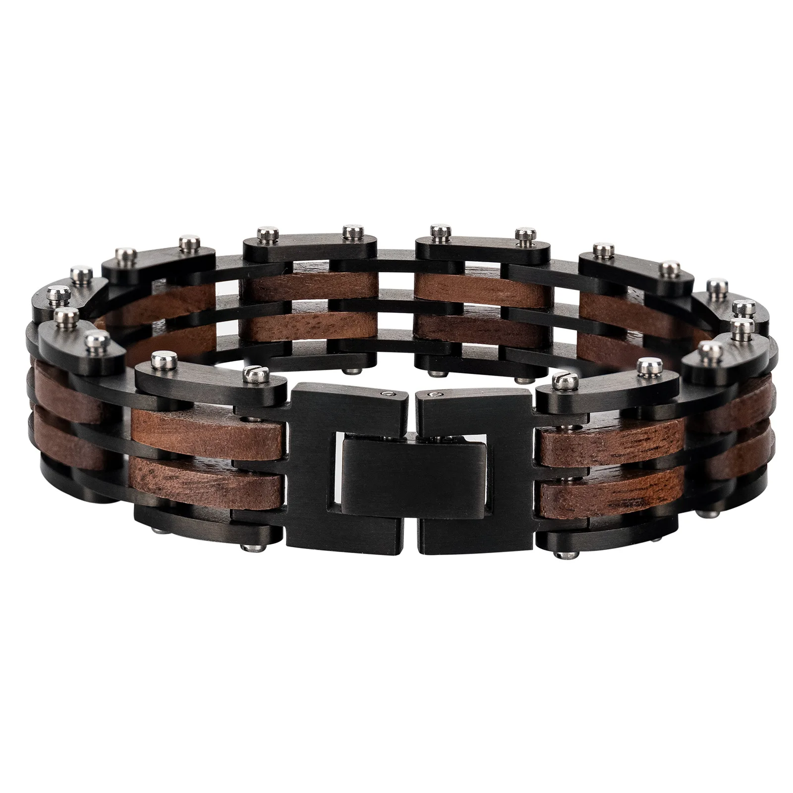 Handmade Designer Jewelry Christmas Gift Make Your Own Name Logo IP Black Stainless Steel & Olive Walnut Wood Bracelets for Men