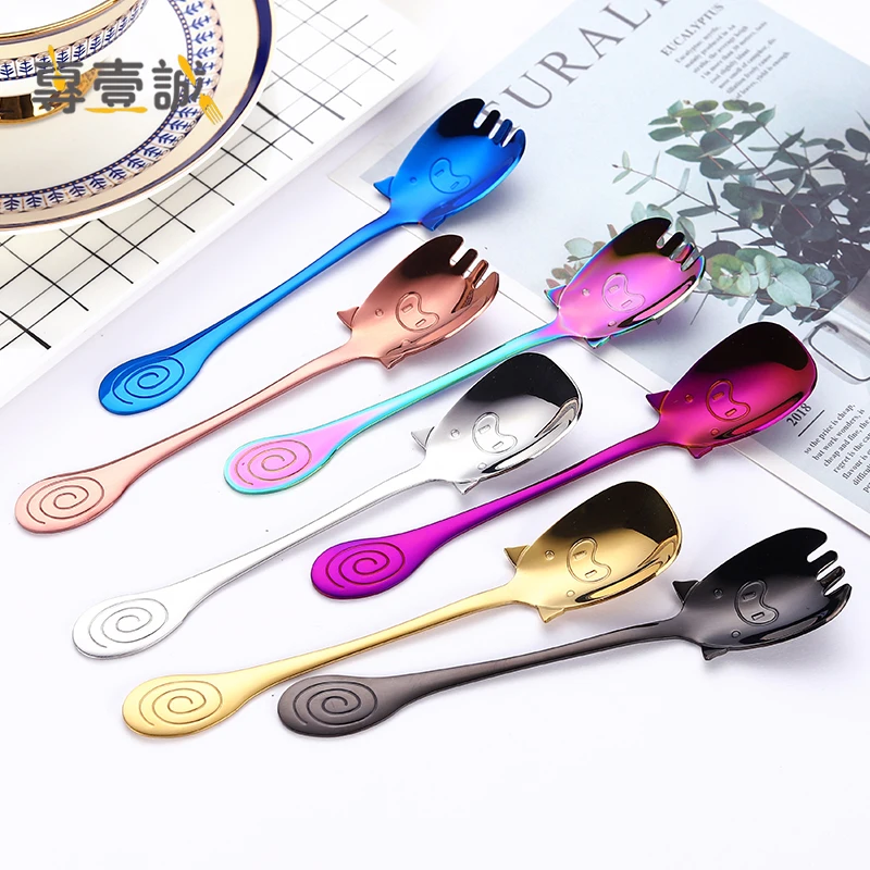 

Creative Design Pig Cartoon Spoon Fork Stainless Steel Coffee Dessert Salad Spork, Silver,black,gold,rose gold,colorful,purple,blue