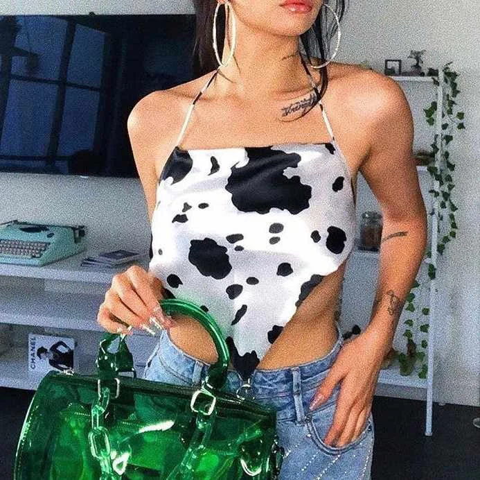 

Backless Animals Cow Printed Floral Tie Lace Up Summer Silk Halter Tops Sexy Cropped Camisoles Tank Top Women-PT, White,green