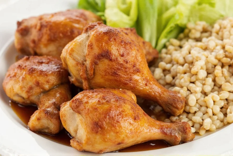 Perfectly cooked cinnamon chicken pieces with visible spice crust on white plate with lemon wedges and fresh herbs