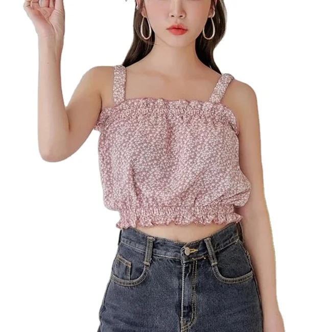 

2021 Summer Ruffles Cami Vest Cool Women Bohemian Cute Dusty Pink Small Floral Flounce Crop Top