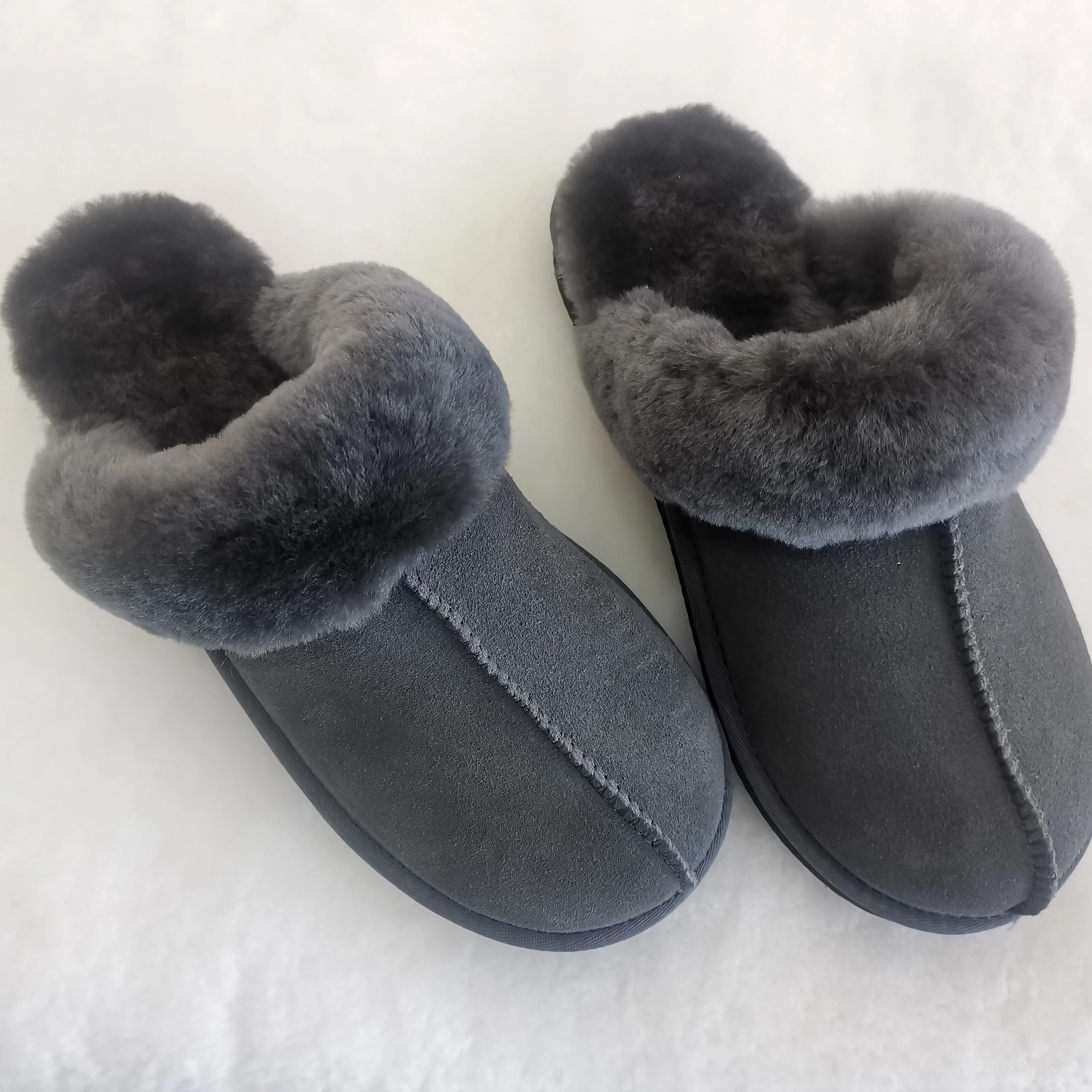 

OEM Cheap Women's Fashion Indoor Home Fluffy Fuzzy Sheep Skin Slippers Real Wool Fur Cross Sheepskin soft slippers, White, blue, pink, grey