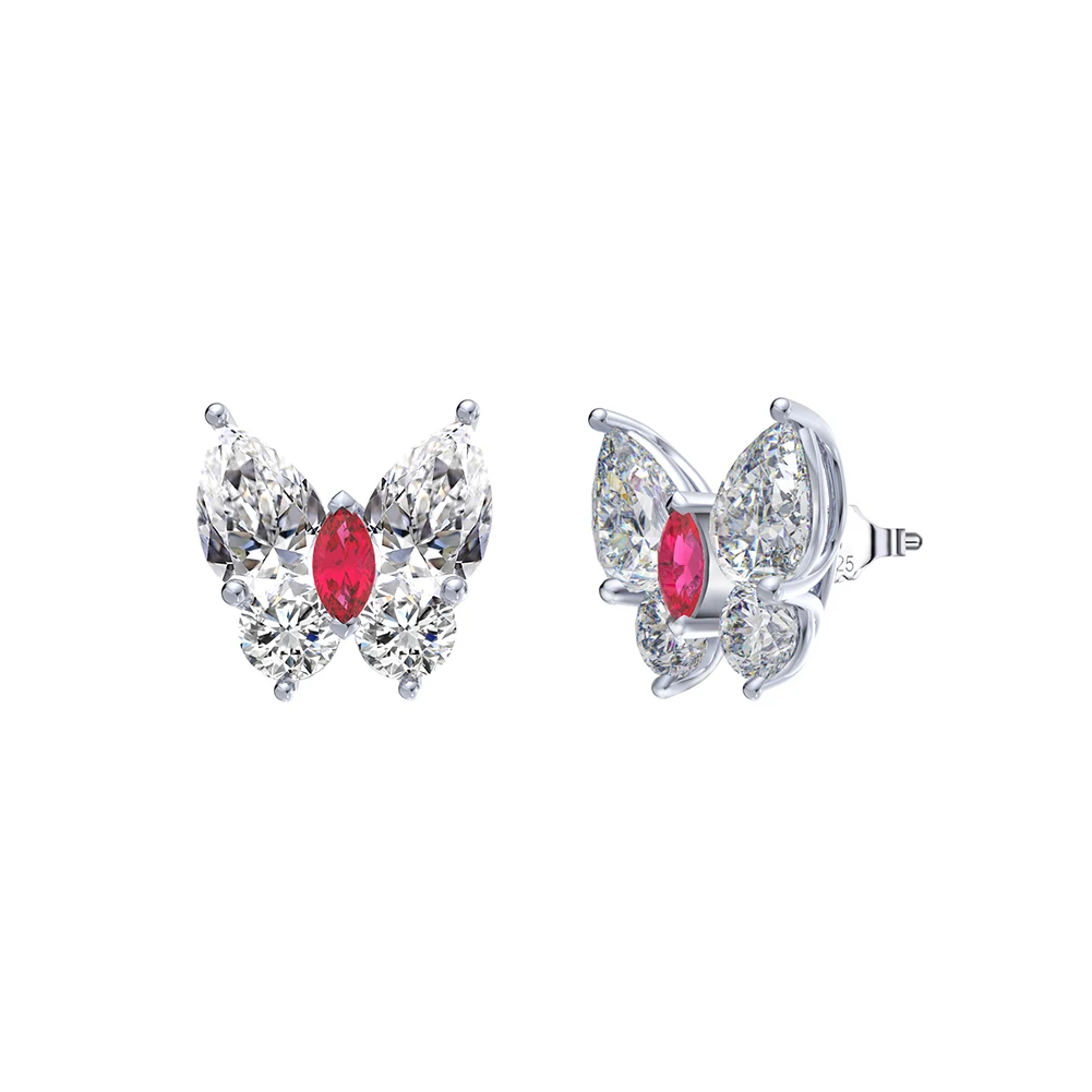 LZE10 RINNTIN 925 Sterling Silver Butterfly Stud Earrings Hypoallergenic Created Ruby Cubic Zirconia Earrings Women