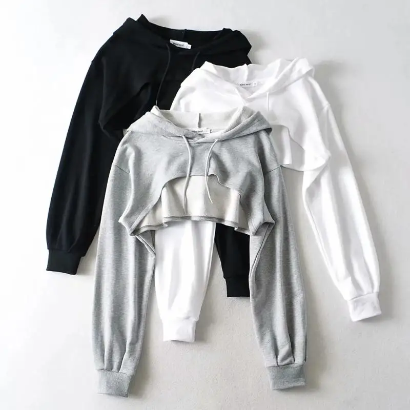 

2022 Hot Sale New Long Sleeve Oversized Ladies Short Hoodie Fashion Simple Crop Top Hoodie