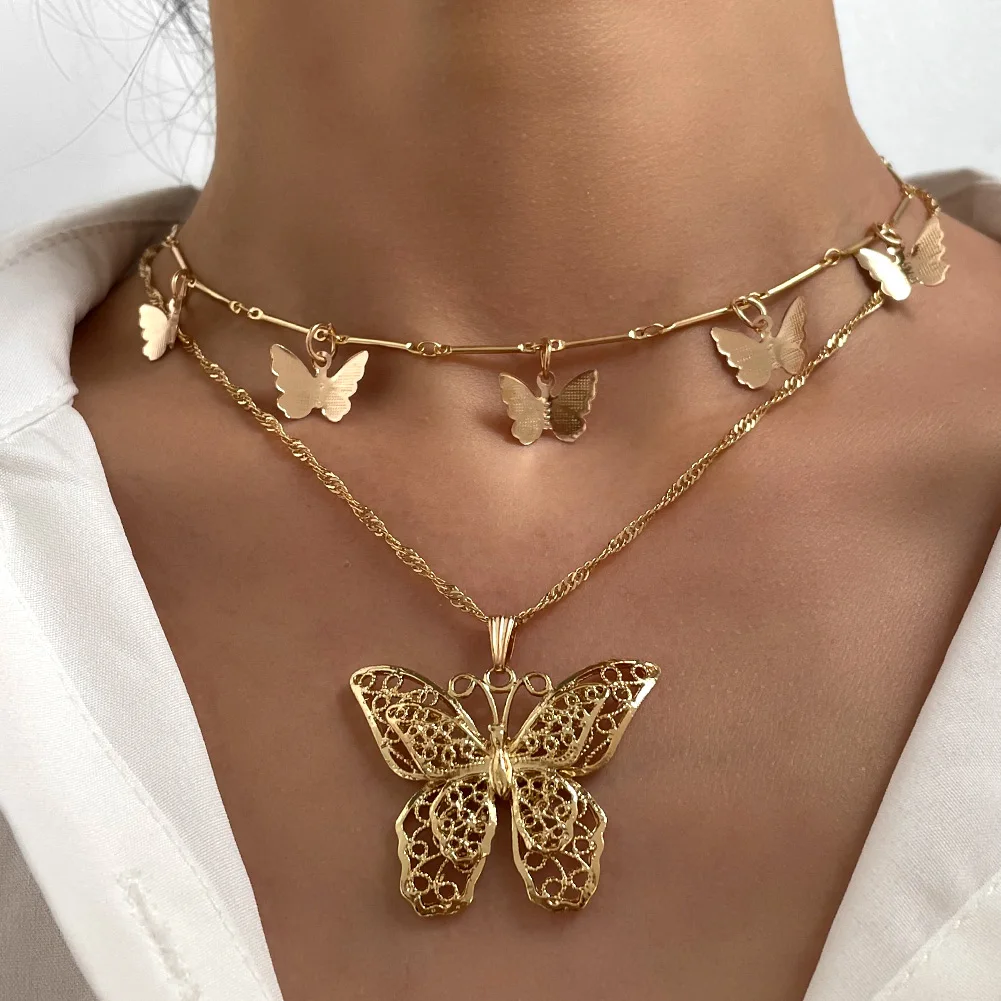 

Trendy Double Layer 18k Gold Plated Small Cute Butterfly Pendant Necklace For Women Jewelry
